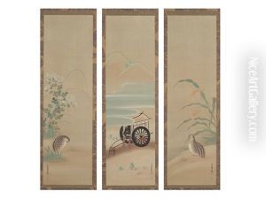 A Quail/palanquin (set Of 3 Scrolls) by Mitsuoki, Tosa
