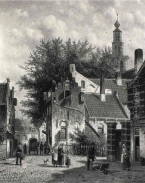 Townsfolk Strolling Down A Street On A Summer Day - view 1