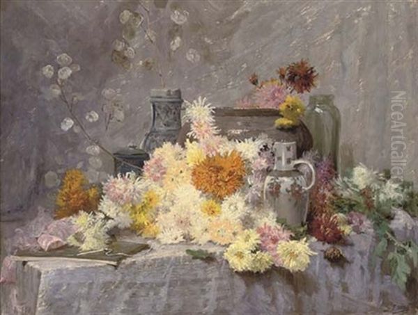 Chrysanthemums And Pottery On A Draped Table - view 1