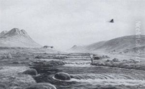 Trout Fisherman In A Stream by Johan August Moberg
