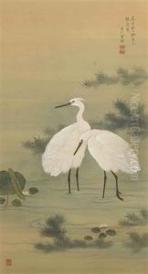 Two Herons In A Stream With Lotus by Gyokusen Mochizuki
