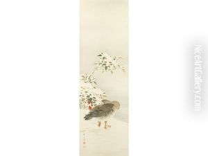 A Wild Goose Preening Its Plumage Beside Snow-laden Branches Of Yabukoji (coral Berry) by Gyokusen Mochizuki