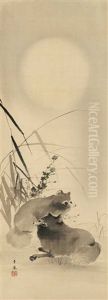 Zwei Marderhunde (tanuki) Im Herbst Unter Vollmond by Kinpo Mochizuki