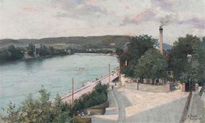 Basler Rheinufer Im Abendrot by Fritz Mock