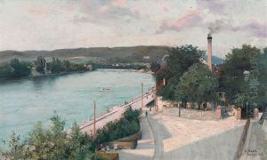Rheinufer In Basel Im Abendrot by Fritz Mock