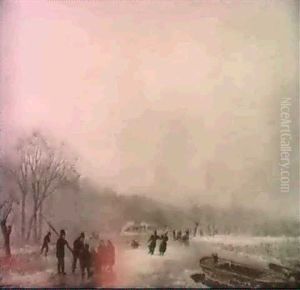 Figures On A Frozen River by Johannes Mock
