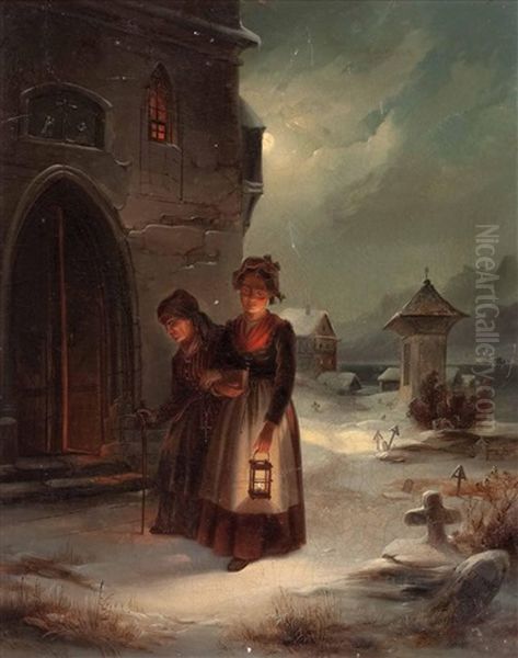 Zwei Frauen Beim Abendlichen Kirchgang Im Winter - view 1