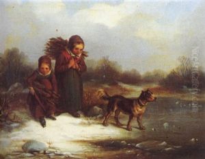 Holz Sammelnde Kinder Im Winter Mit Hund