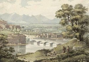 Oberitalienische Landschaft Mit Einer Stadt Am Flus, Im Vordergrund Zwei Monche by Edward Beyer