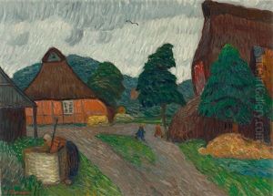 "fruhjahrsabendsonne In Der Bredenau (banehrs Hof)". Um 1920 / Reverse: "fischerhuder Bauernhof Mit Brunnen". by Otto Modersohn