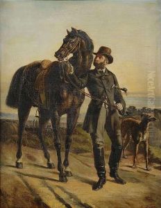 Portrait Of Agentleman Rider With His Black Horse And A Sighthound In Front Of Alandscape. by Eugene Beyer