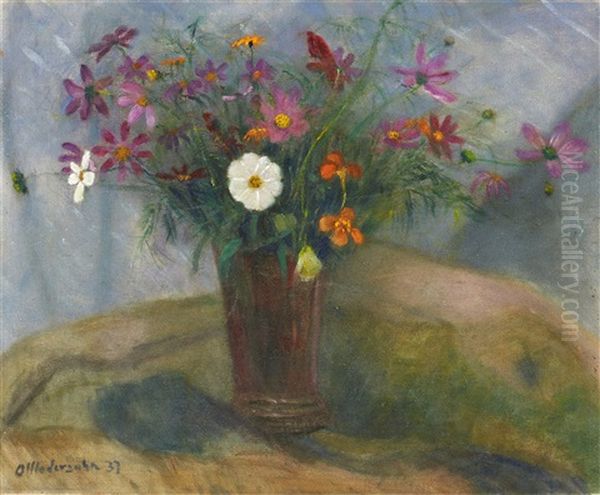 Blumenstraus In Roter Vase Mit Weiser Herbstanemone - view 1