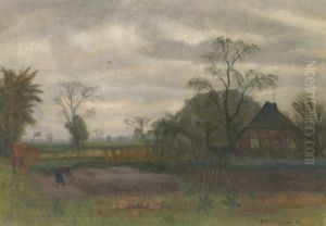 Nebliger Tag Mit Bauerin Im Garten by Otto Modersohn