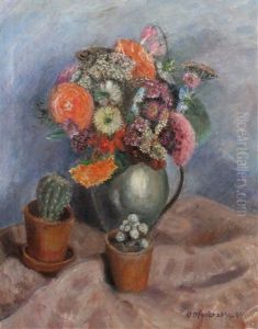 Stillleben Mit Sommerblumen In Einer Henkelvase Und Zwei Kakteen In Terrakottatopfen