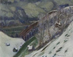 Talblick Nach Vorderhindelang (kalblebundele Mit Neuschnee) by Otto Modersohn
