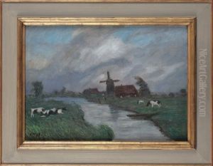 Landschaft An Der Wumme Mit Gehoft Und Windmuhle Bei Sturmischem Wetter