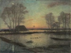 Uberschwemmte Wummewiese Mit Entenschar by Otto Modersohn