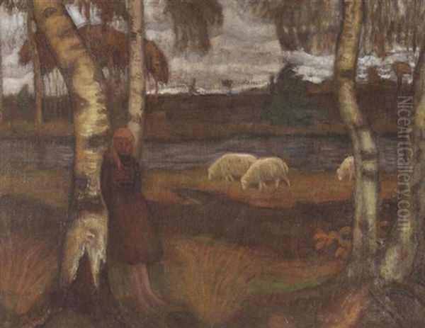 Herbst Im Moor (madchen Und Schafe Am Moorgraben) - view 1