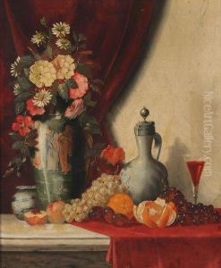 Stilleben Mit Weintrauben, Blumenvase Und Weinglas by Max Otto Beyer