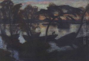 Abendlandschaft Mit Uberschwemmung (wumme Mit Booten)