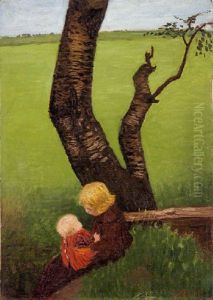 Madchen Mit Puppe Am Birkenstamm Sitzend