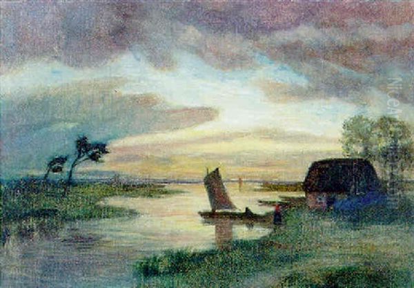 Moorlandschaft Mit Fischerkate Und Segelboot Im Abendlicht - view 1