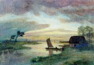 Moorlandschaft Mit Fischerkate Und Segelboot Im Abendlicht by Otto Modersohn