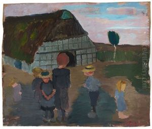 Kinder Vor Bauernhaus. Verso: Birkenstamme Und Haus