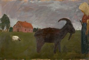 Bauerin Mit Zwei Ziegen Vor Gehoft by Paula Modersohn-Becker