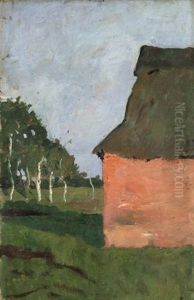 Rotes Haus. Verso: Landschaft Mit Birkenstammen Am Moorgraben