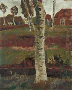 Birkenstamm Am Moorgraben Vor Landschaft Mit Haus by Paula Modersohn-Becker