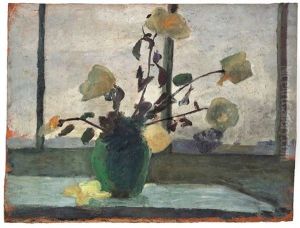 Weisse Rosen Vor Atelierfenster (+ Landschaft Mit Moorkuhle, Verso) by Paula Modersohn-Becker