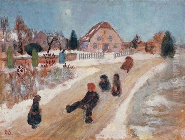 Winterlandschaft Mit Schlittenfahrenden Kindern - view 1