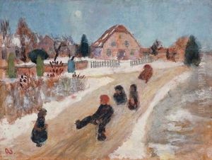Winterlandschaft Mit Schlittenfahrenden Kindern