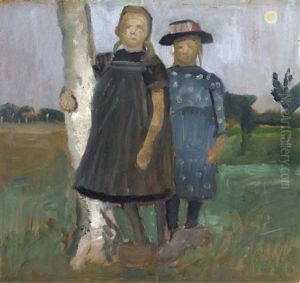 Zwei Madchen An Einem Birkenstamm Stehend by Paula Modersohn-Becker