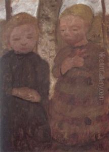 Zwei Madchen Vor Birkenstamm by Paula Modersohn-Becker