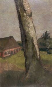 Birkenstamm, Im Hintergrund Ein Haus by Paula Modersohn-Becker