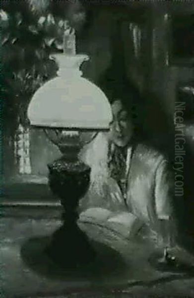 Woman Reading By Lamplight - view 1