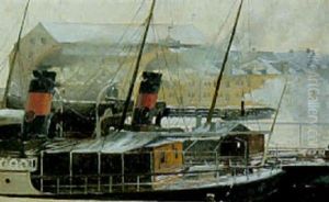 Fra Havnen I Christiania, (oslo) I Forgrunden Dfds Dampskib by Louis Maria Niels Peder Halling Moe