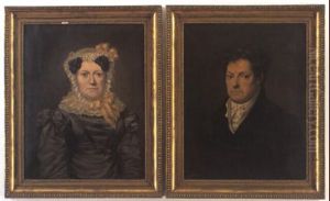 Portraet Af En Dame In Gr+ Silkekjole Og En Herre I Sort Frakke (pair) by Niels Moe