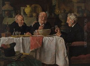 Three Men At A Dining Table by Louis Charles Moeller