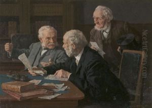 Three Men Having A Discussion Over Paperwork by Louis Charles Moeller