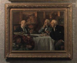 Three Gentlemen In Conversation Seated Around A Table by Louis Charles Moeller