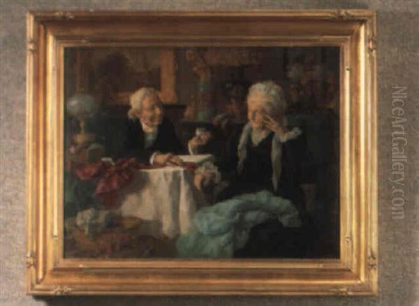 A Gentleman Offering An Infant's Bootie To A Lady - view 1