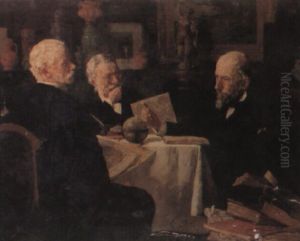 Three Geographers Studying Books And Maps In An Interior by Louis Charles Moeller