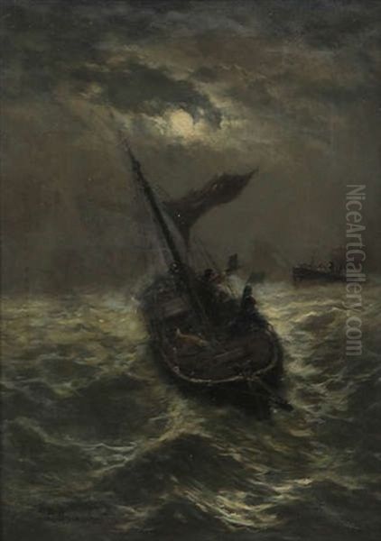 Bateaux De Peche Par Temps Orageux Au Clair De Lune - view 1
