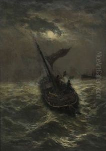 Bateaux De Peche Par Temps Orageux Au Clair De Lune by Edouard-Joris Moerenhout