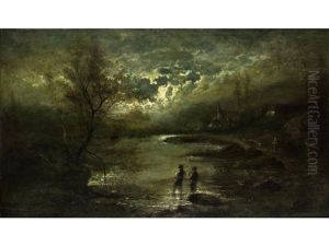 Fischer Im Uferwasser In Nachtlicher Seelandschaft by Edouard-Joris Moerenhout