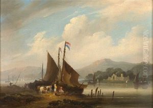 Kauffahrteiszene Mit Angelegten Booten Und Figurenstaffage Vor Hugeligem Hintergrund by Joseph Jodocus Moerenhout