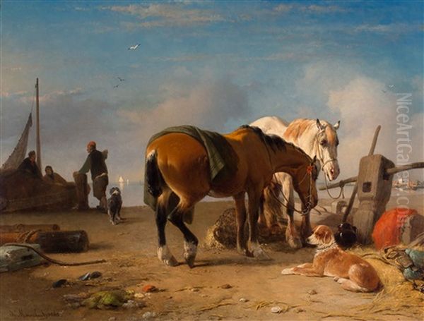 Resting Horses And Dog On A Bank Of The Scheldt - view 1
